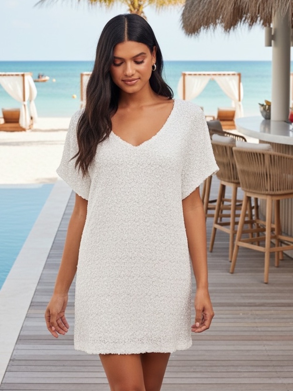 Lulus NWT Let's Shine White Sequin Short Sleeve Shift V-Neck Mini Dress Large